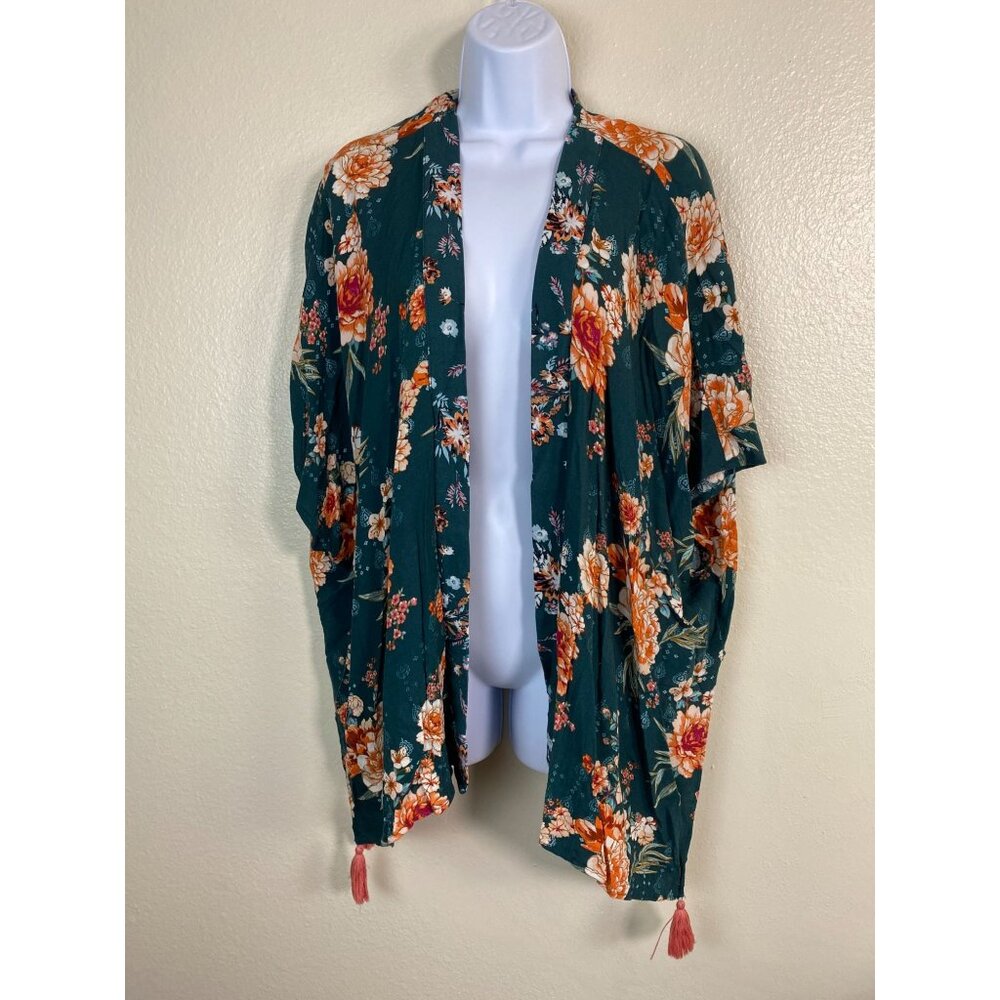 💜 Knox Rose Floral Open Front Kimono Cardigan sz Medium Large Tassels Boho